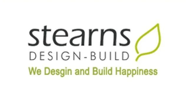 Logo of Stearns Design Build with a green leaf icon and the tagline 'We Design and Build Happiness'.
