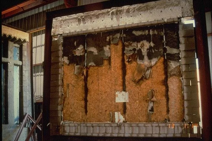 Structural insulated panel wall assembly undergoing one-hour fire resistance testing per building code requirements