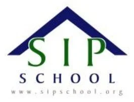 Logo of SIP School featuring a stylized house roof in navy blue and green text.