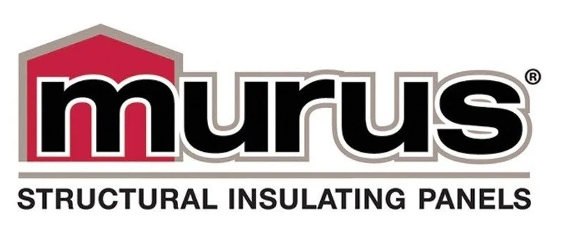 Logo for Murus with a red and white house outline and bold black letters spelling 'murus' underneath the words 'STRUCTURAL INSULATING PANELS'.