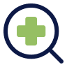 Magnifying glass icon with a green medical cross inside it.