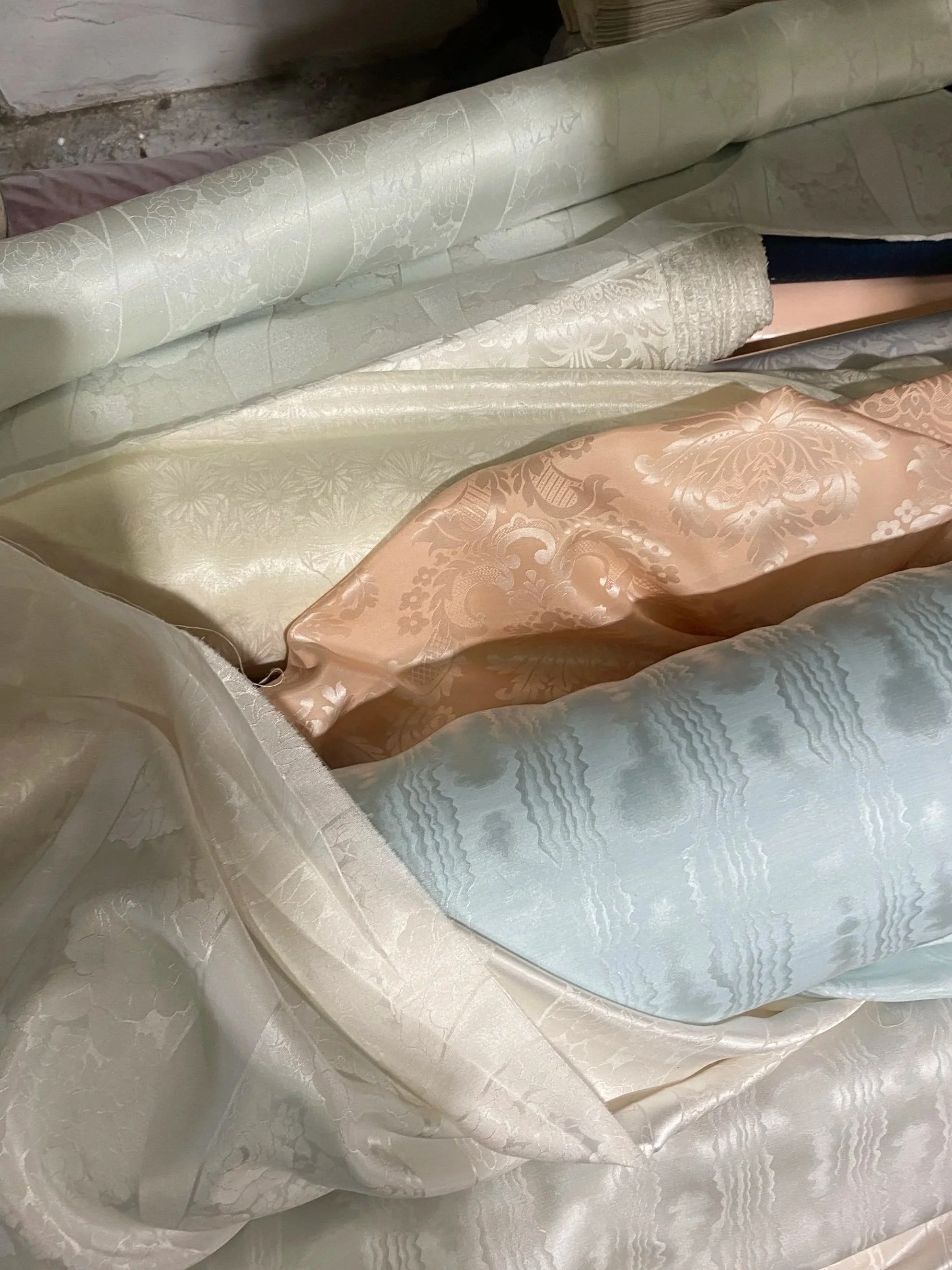 Rare selection of Italian textile samples handpicked by Yvonne Koné. One of a kind fabric rolls from leftover stocks in a silk and cotton mix for unique interior design.