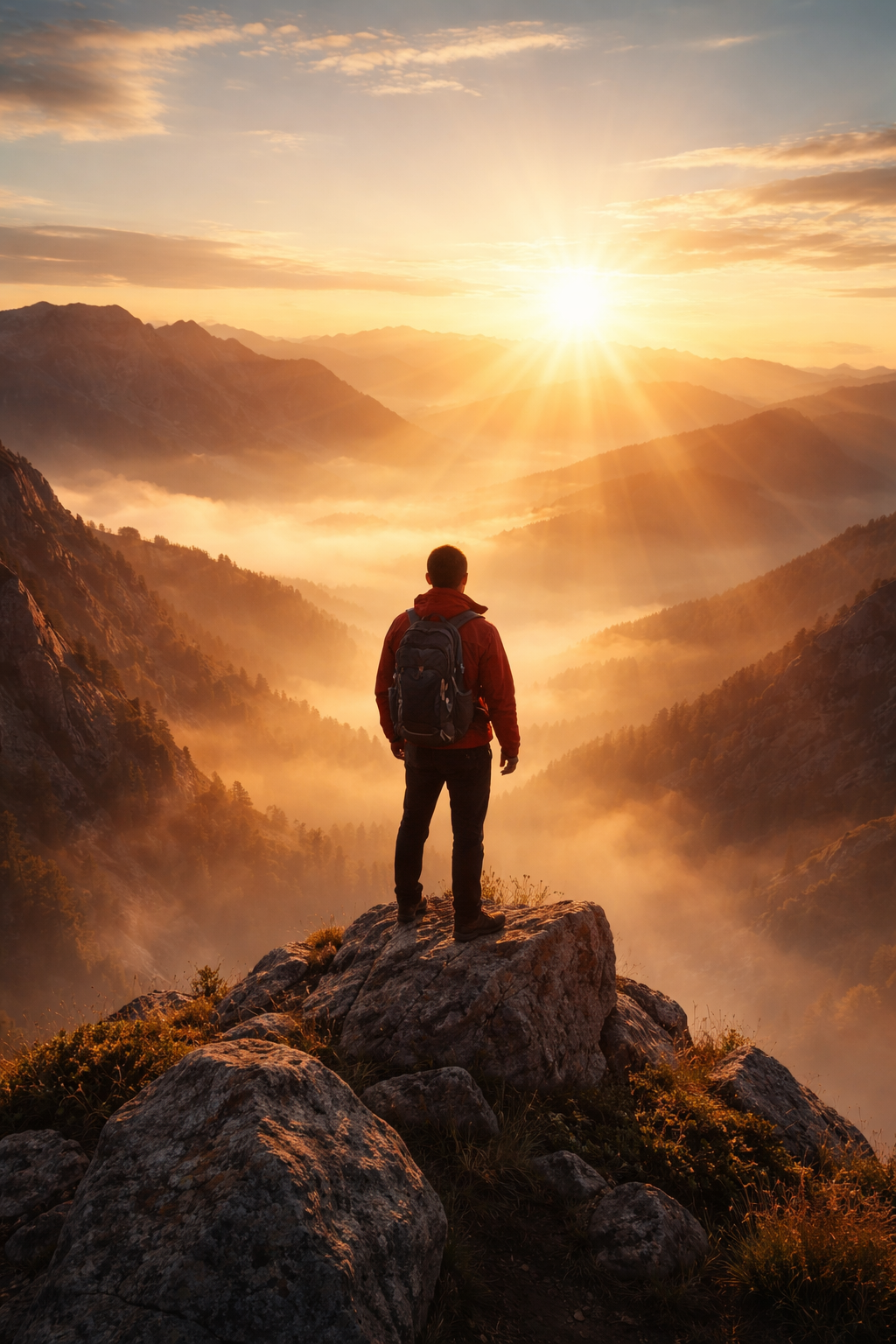A person with a backpack standing on a rock on a mountain, watching sunrise over a misty valley.