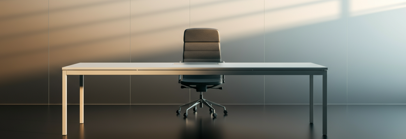 Empty office desk with a black office chair in front of a gray wall.