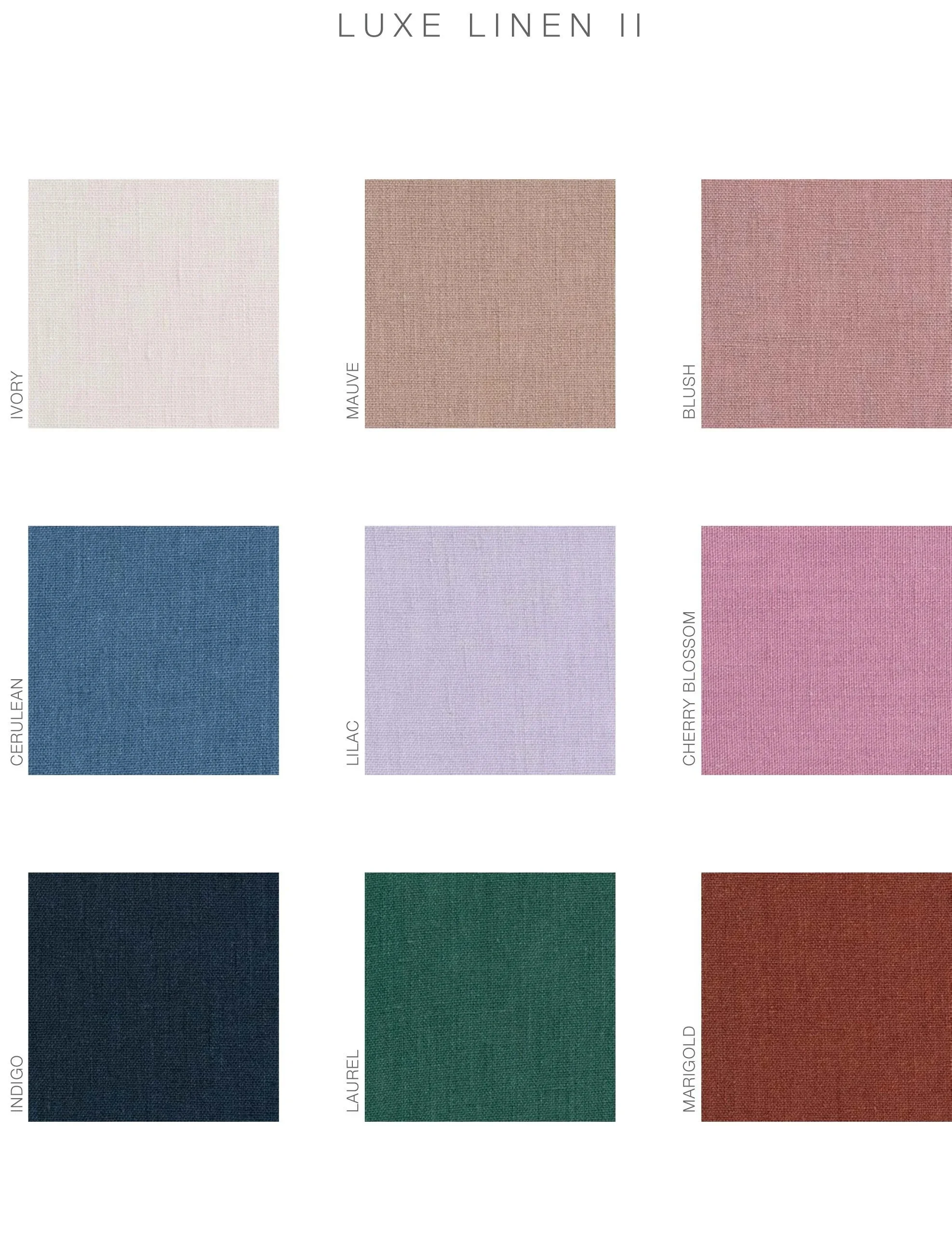 Sample palette with six linen fabric color swatches labeled Ivory, Mauve, Blush, Indigo, Laurel, Marigold, Cherry Blossom, Lilac, Cerulean, and Gold, arranged in three rows.