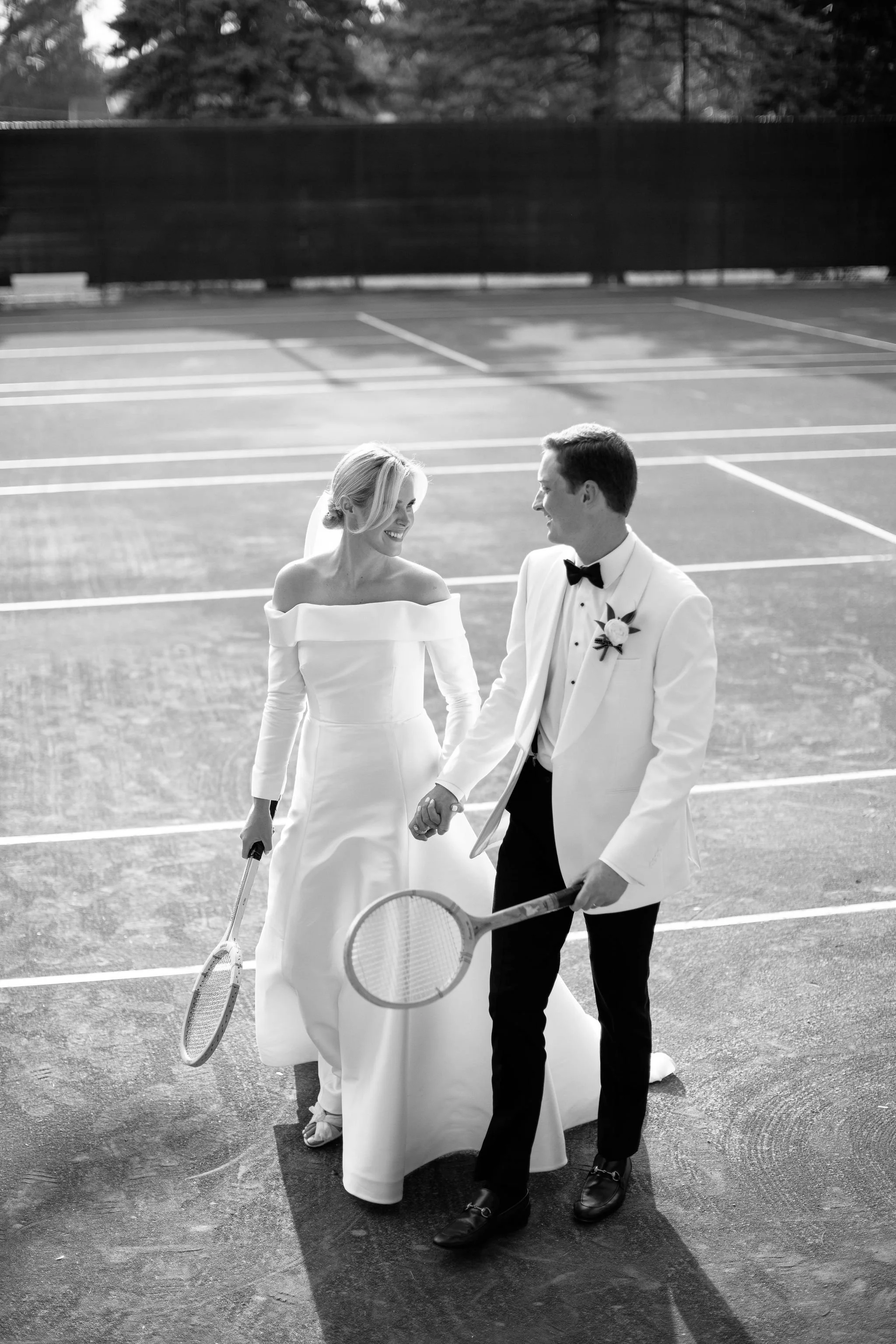 bride and groom on pickleball court
