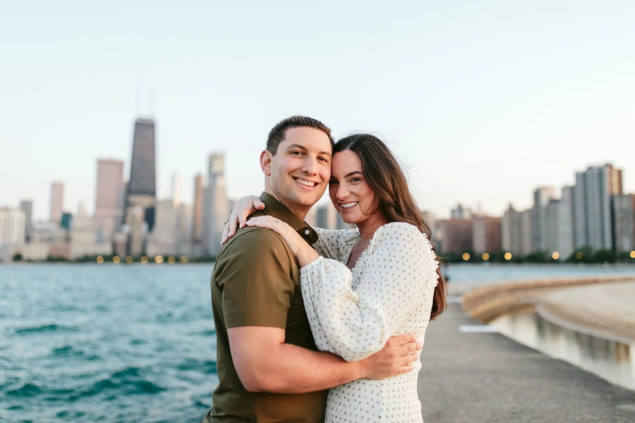 Traditional engagement photo at North Ave Beach in Chicago