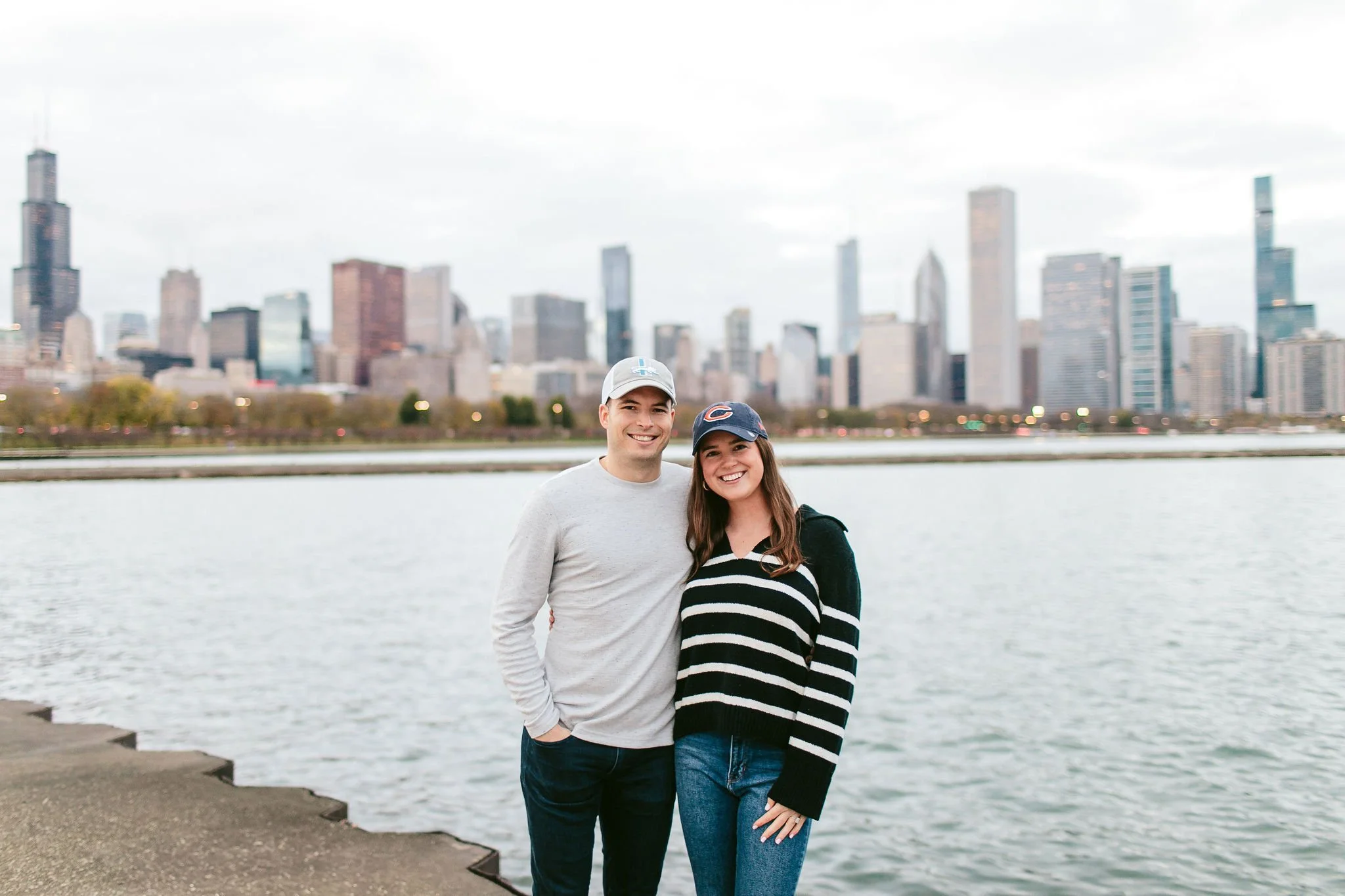 chicago engagement photos with baseball caps