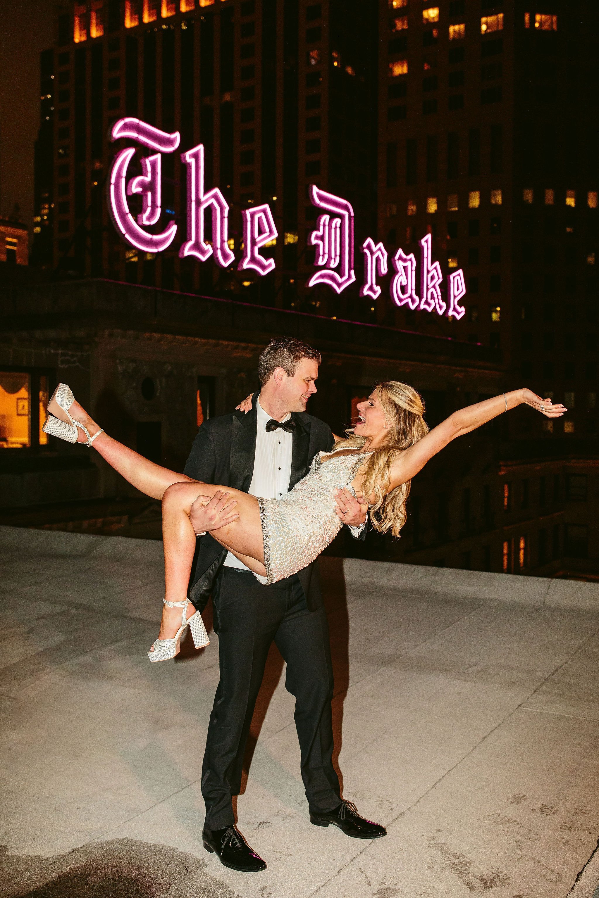 The Drake Chicago neon sign wedding portraits