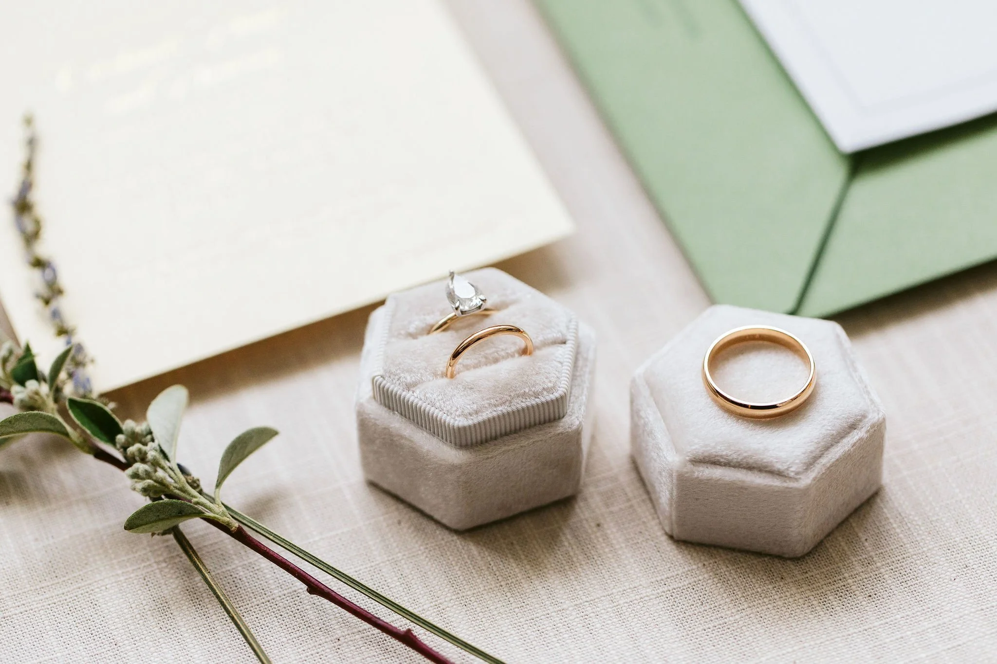wedding rings in taupe ring boxes
