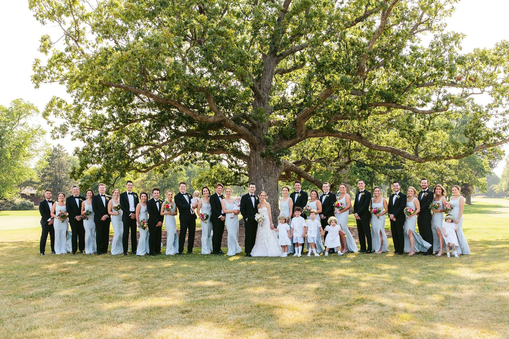 wedding party photo under large tree