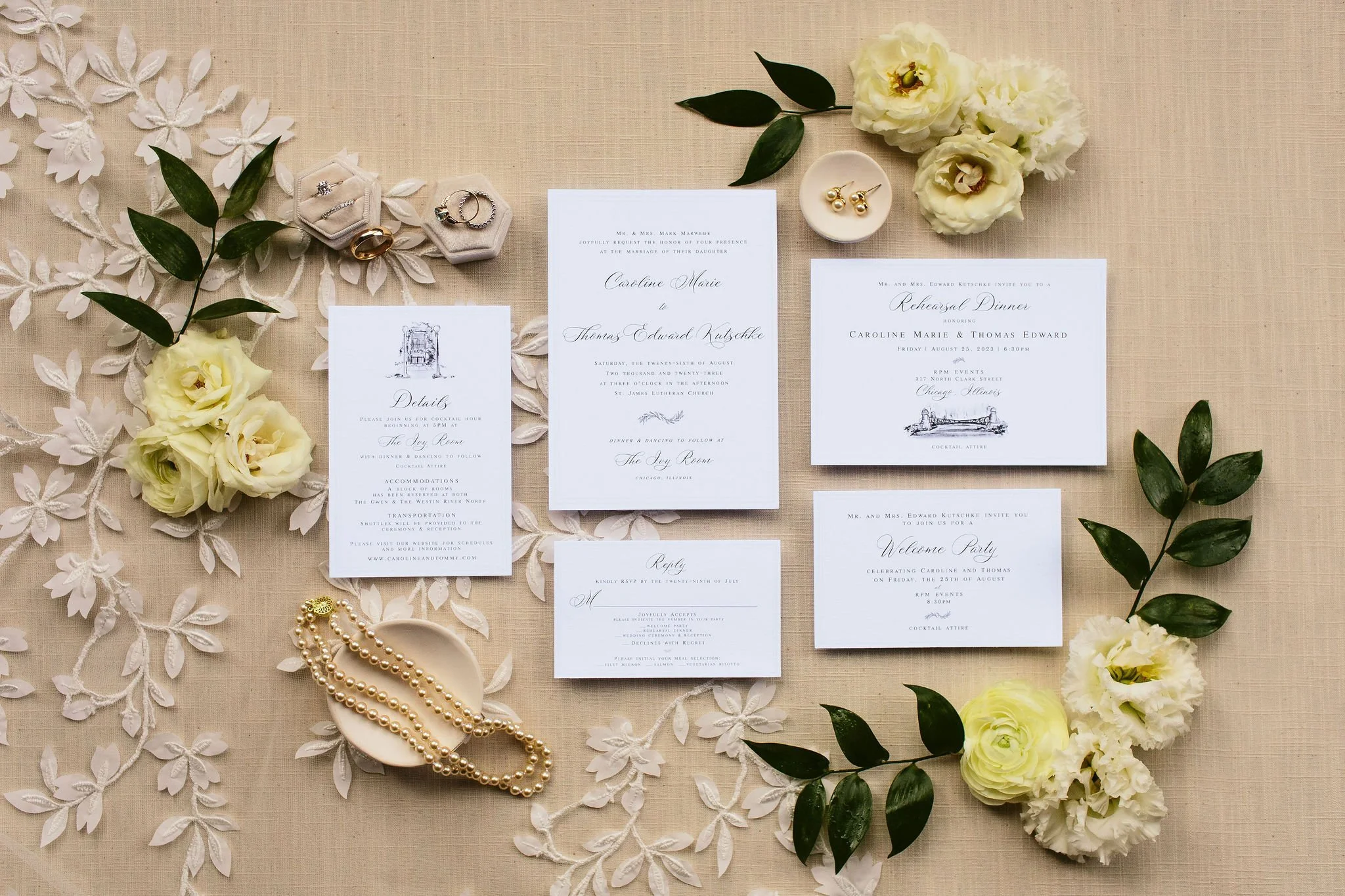 wedding flat lay with tan background