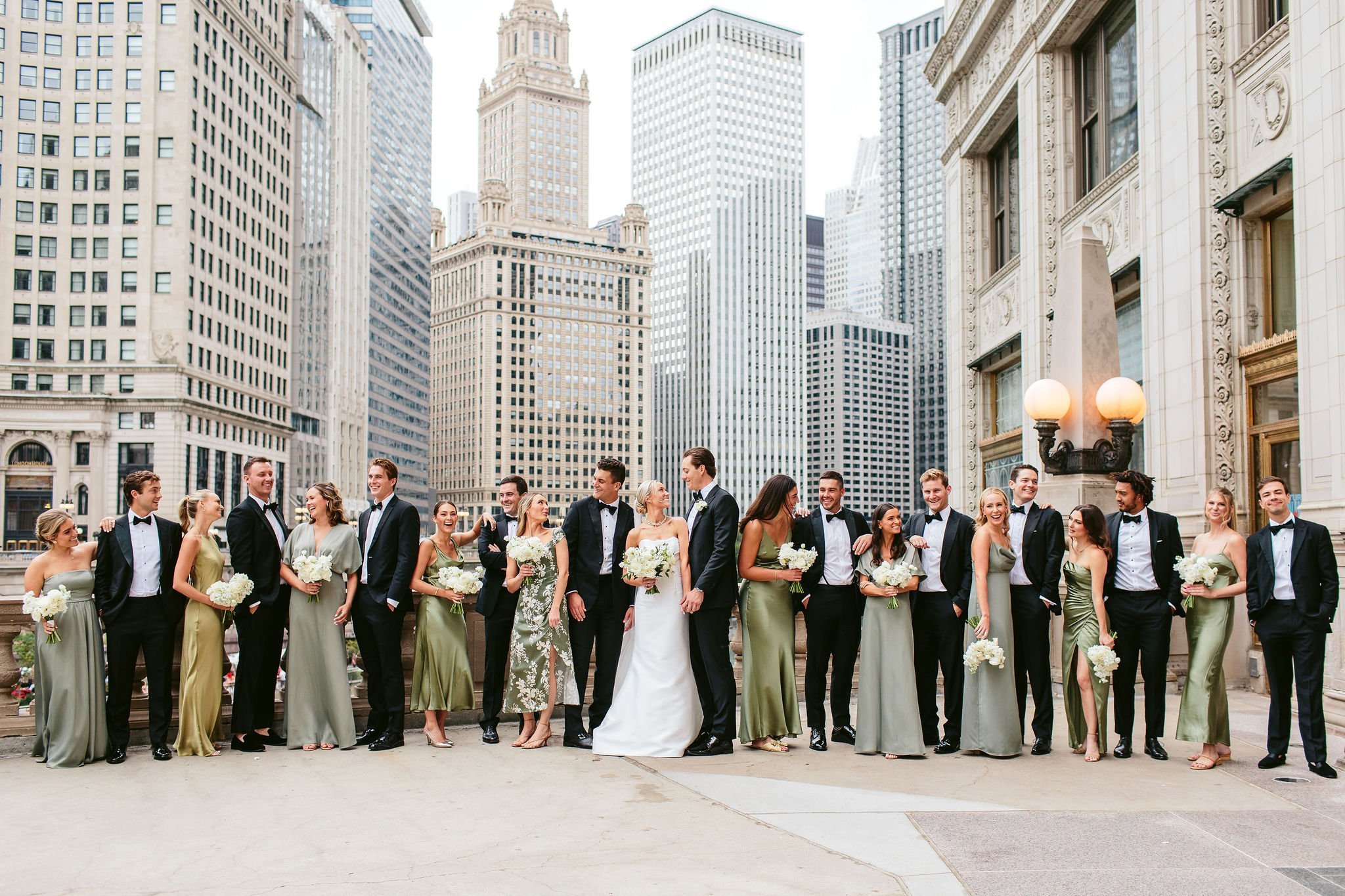 large wedding party at Wrigley Building chicago
