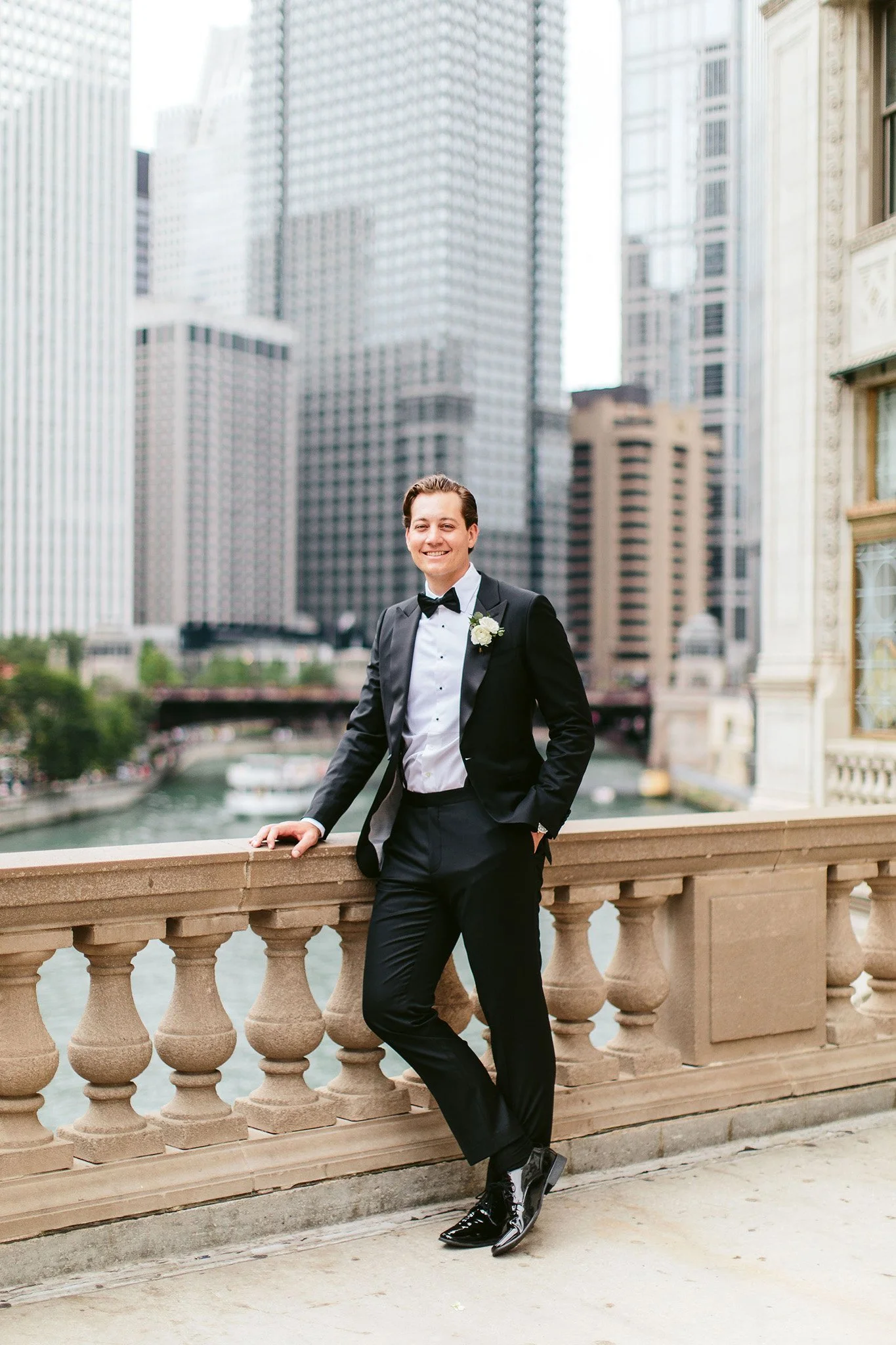 Wrigley Building groom wedding photo