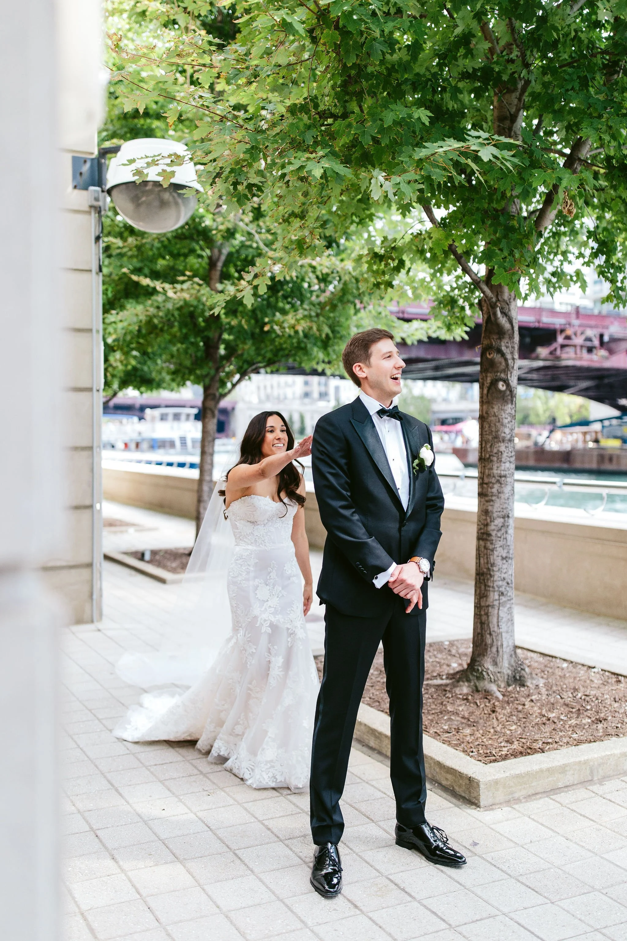 bride and groom first look at chicago wedding