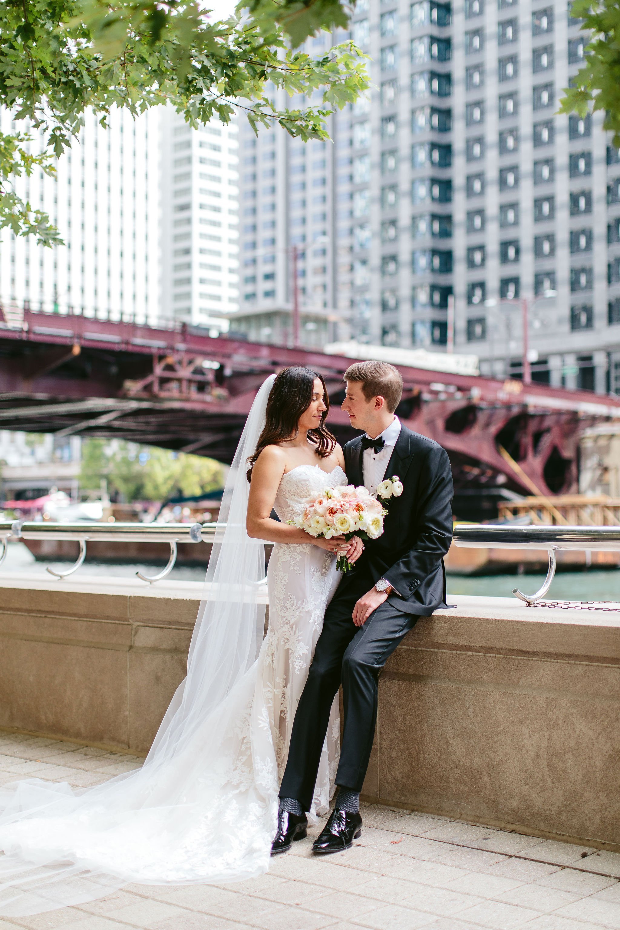 wedding portrait with chicago architecture