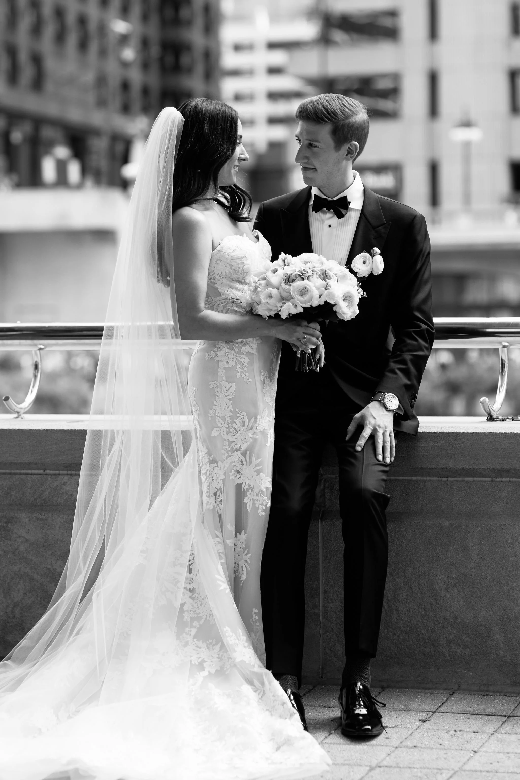 black and white chicago wedding portrait