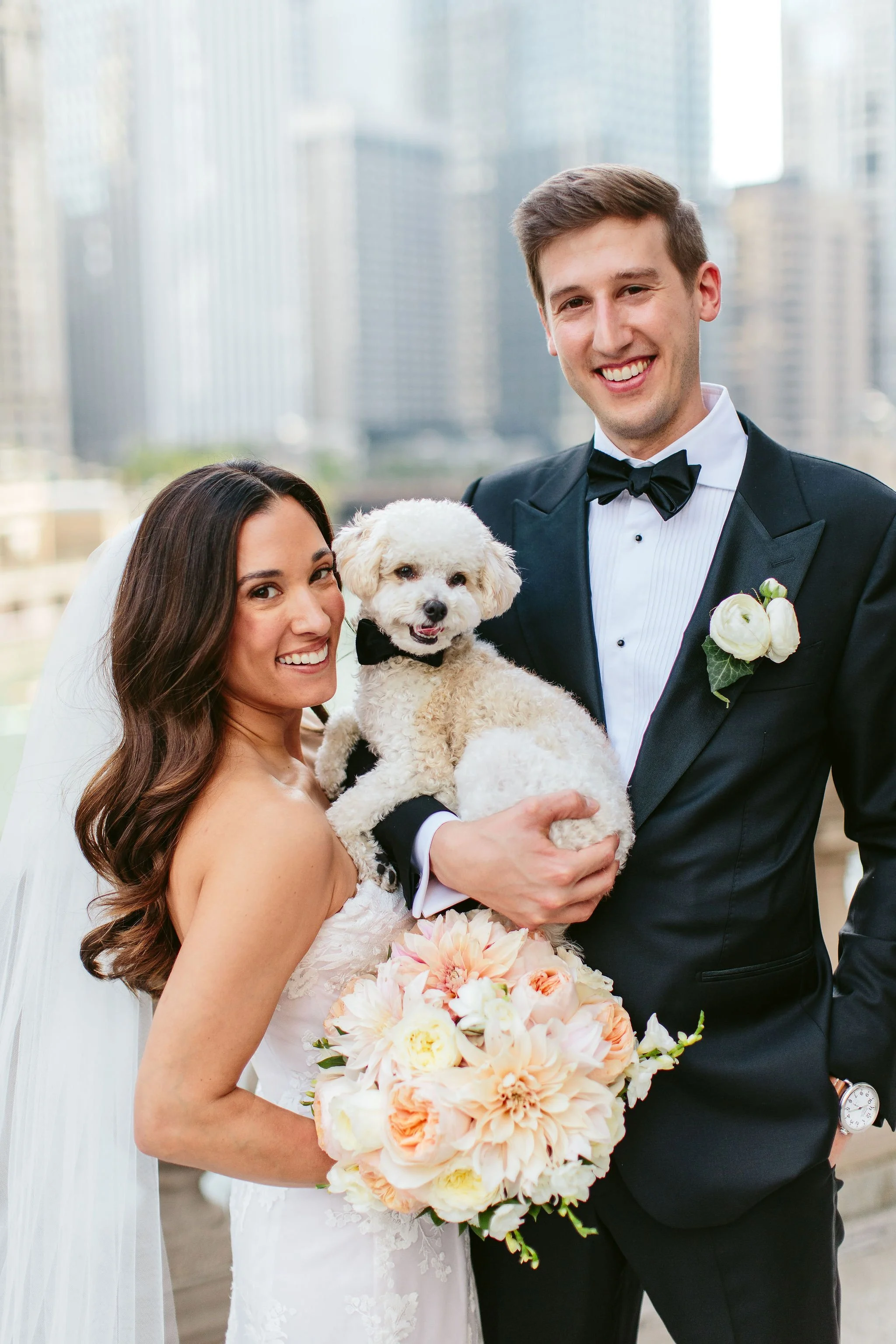 bride and groom with dog