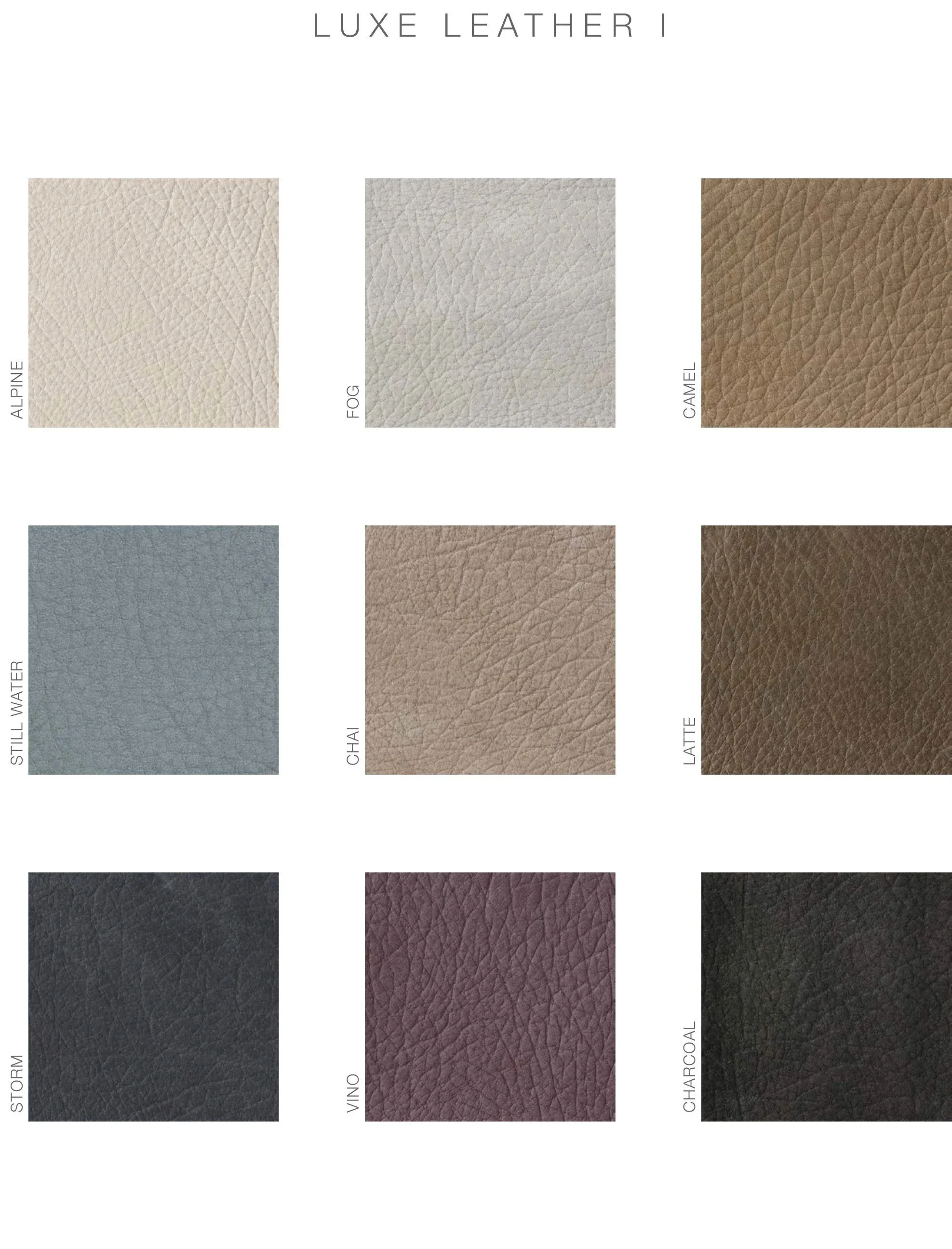 Swatch chart of leather textures and colors with the title 'Luxe Leather' at the top. The chart includes various leather finishes such as Alpine, Fog, Camel, Still Water, Chai, Latte, Storm, Vino, Charcoal, and Maroccoal, each represented by a colored square with a textured surface.