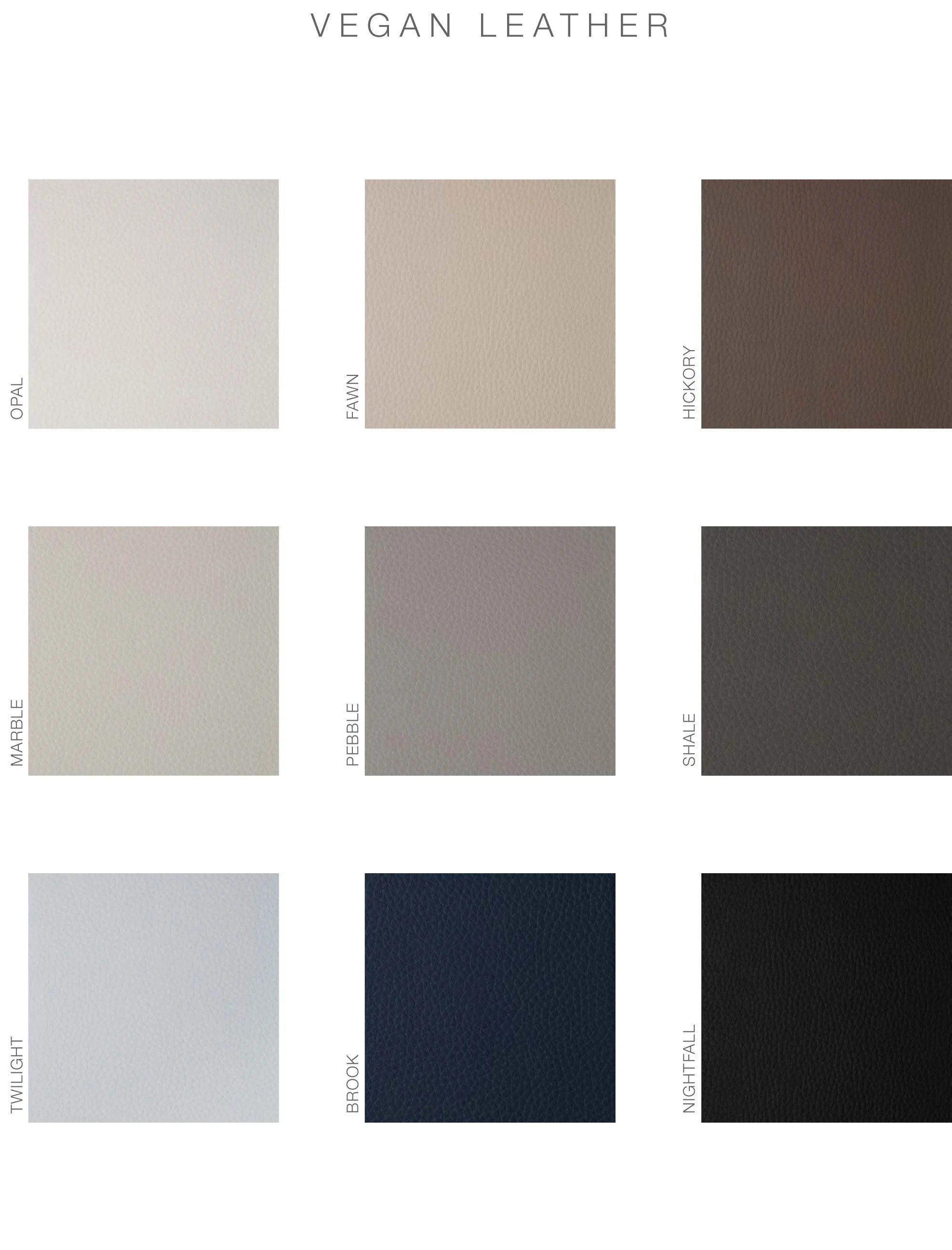 Samples of vegan leather textures and colors labeled as Opal, Fawn, Hickory, Marble, Pebble, Shale, Twilight, Brook, Nightfall, and Moon.