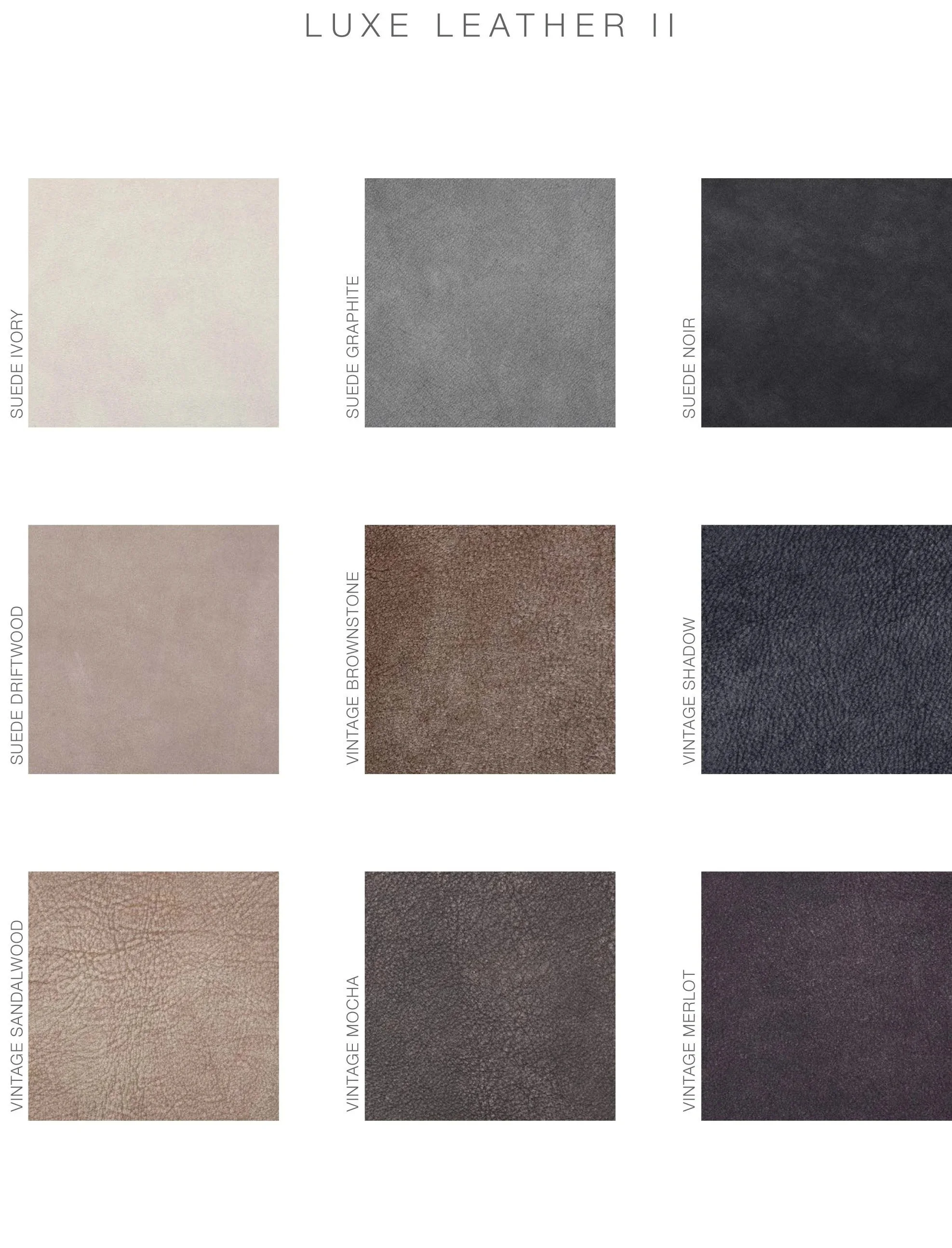 A color palette featuring various shades of leather textures labeled as sale options for Luxe Leather II, including suede ivory, suede graphite, suede noir, vintage driftwood, vintage brownstone, vintage shadow, vintage sandalwood, vintage mocha, and vintage merlot.