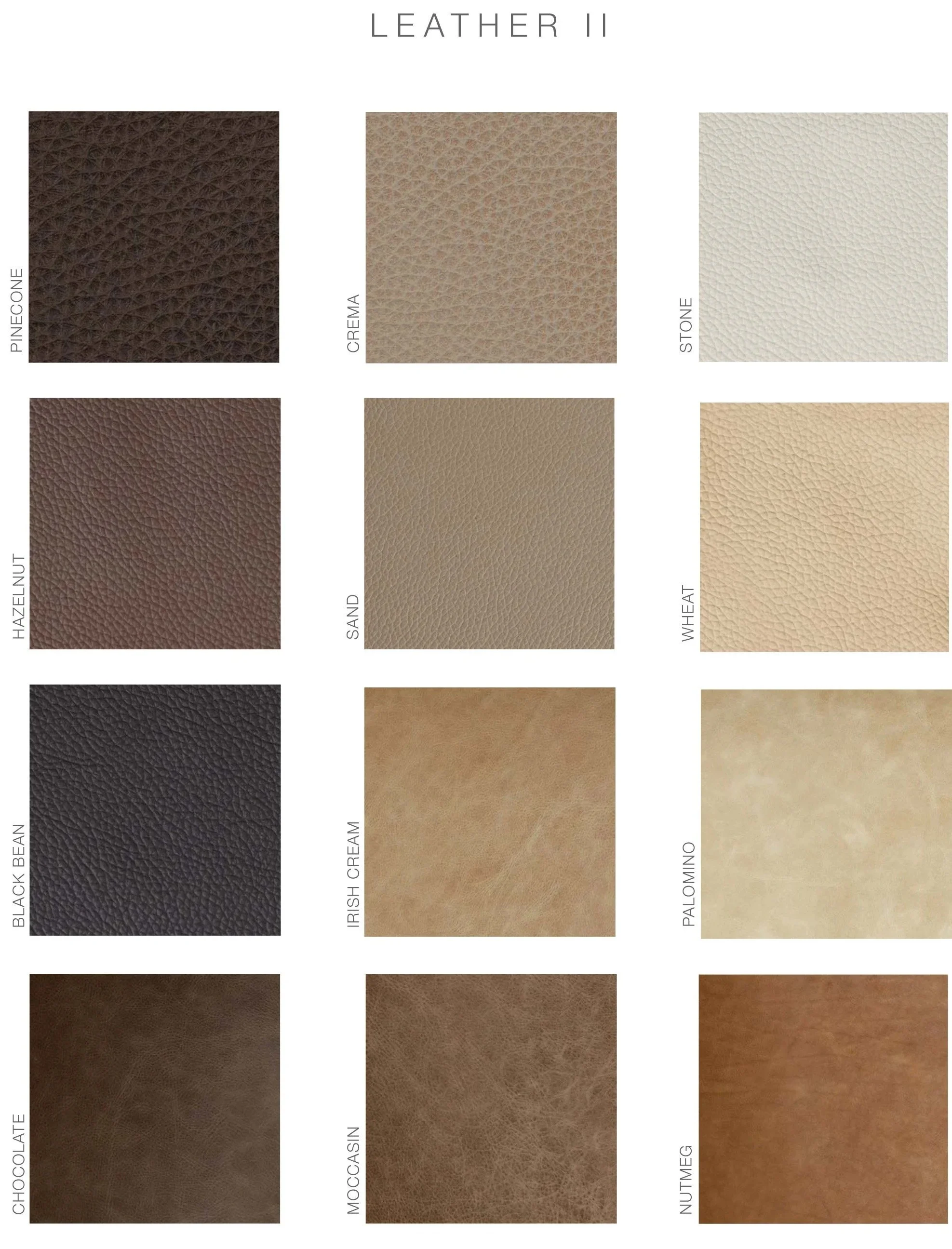 A chart displaying various types of leather textures arranged in a grid. The textures include Pinecone, Cremo, Stone, Hazelnut, Sand, Wheat, Irish Cream, Palma, Black Bean, Irish Cream, Moccasin, Nutmeg, Chocolate, Mocha, and Nutmeg.