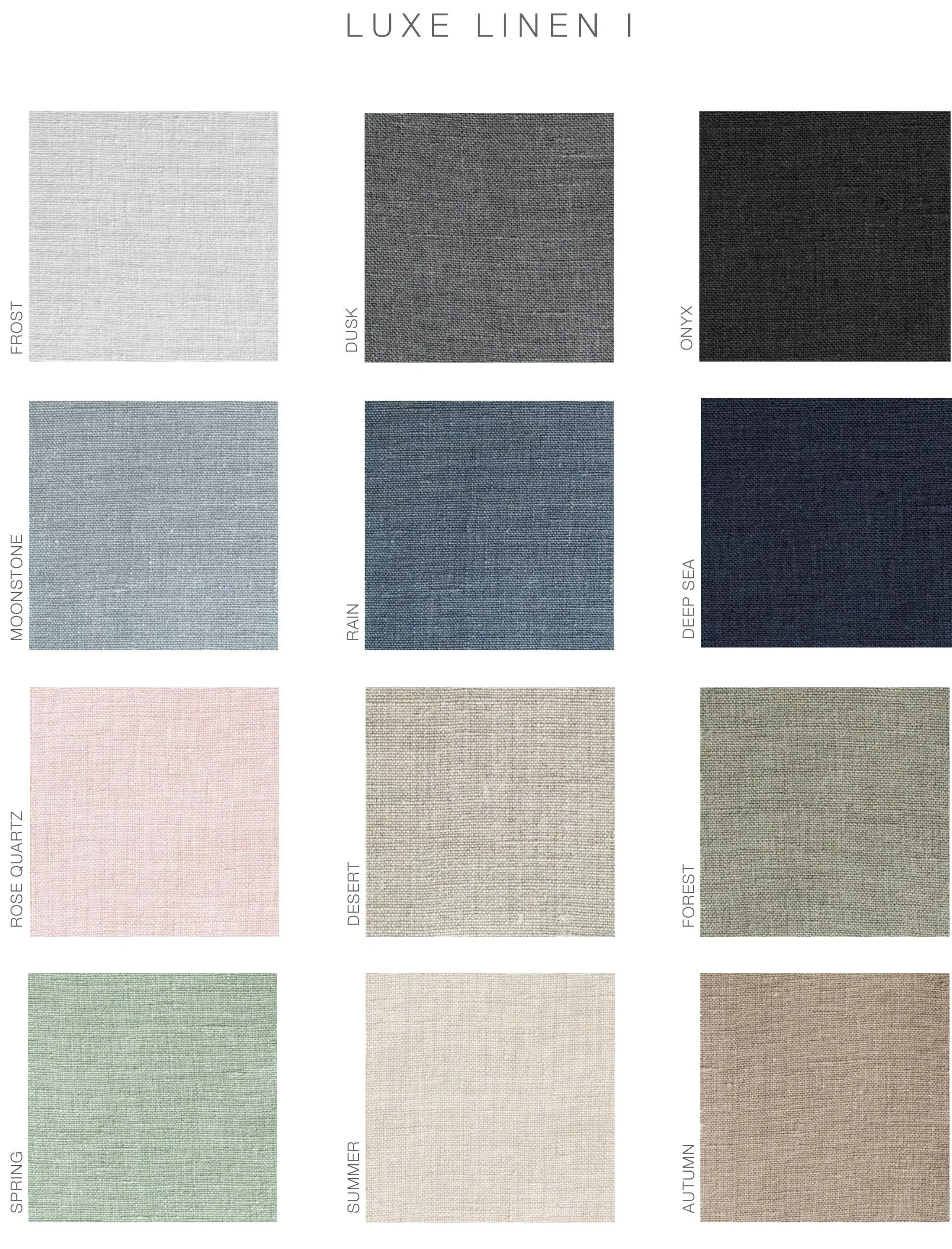 Color swatches of fabric samples named after seasons: Frost, Dusk, Onyx, Moonstone, Rain, Deep Sea, Rose Quartz, Desert, Forest, Spring, Summer, Autumn, Winter.
