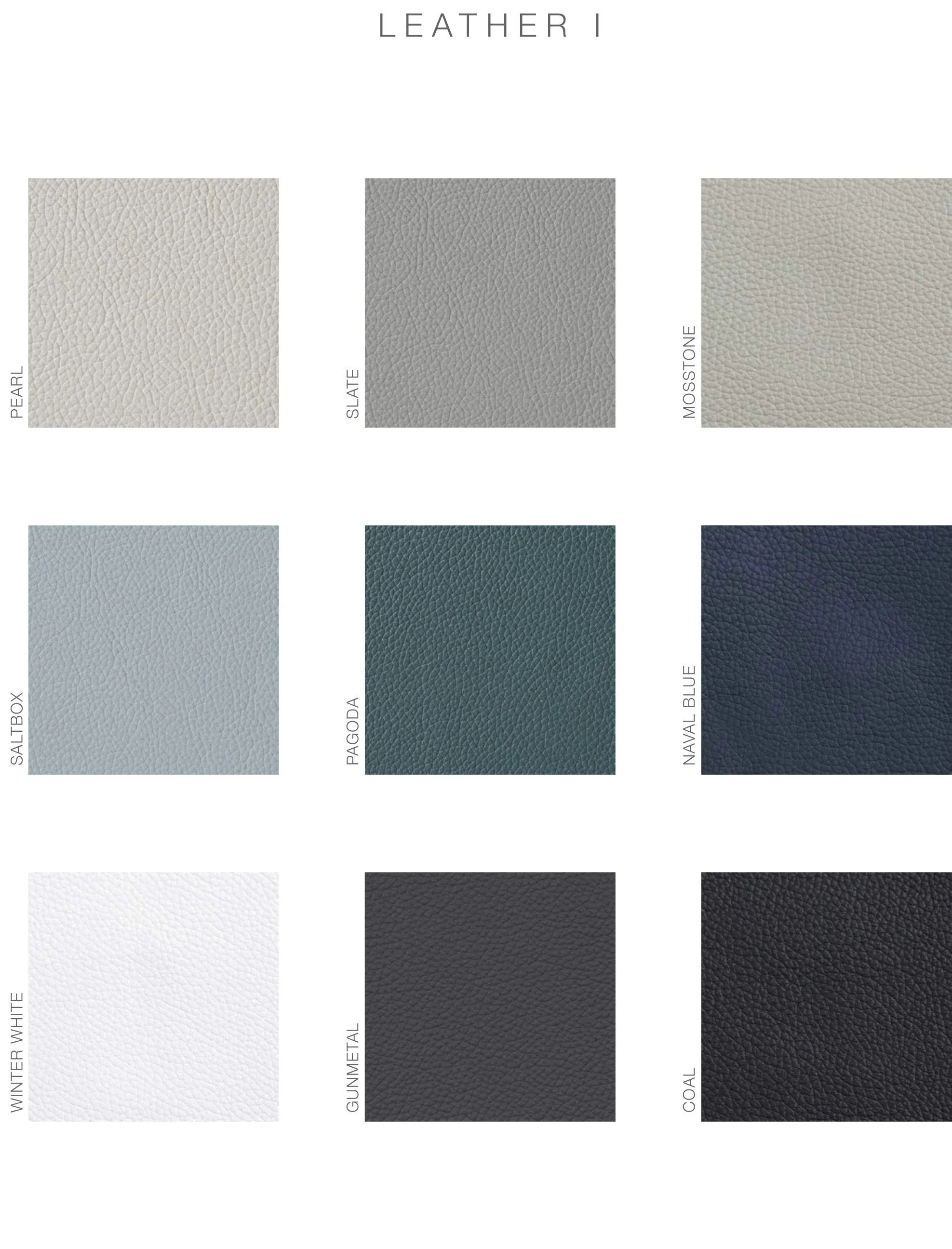 A collection of leather sample swatches labeled with different colors and textures, including Pearl, Slate, Mossstone, Saltbox, Pagoda, Naval Blue, Winter White, Gunmetal, and Coal.