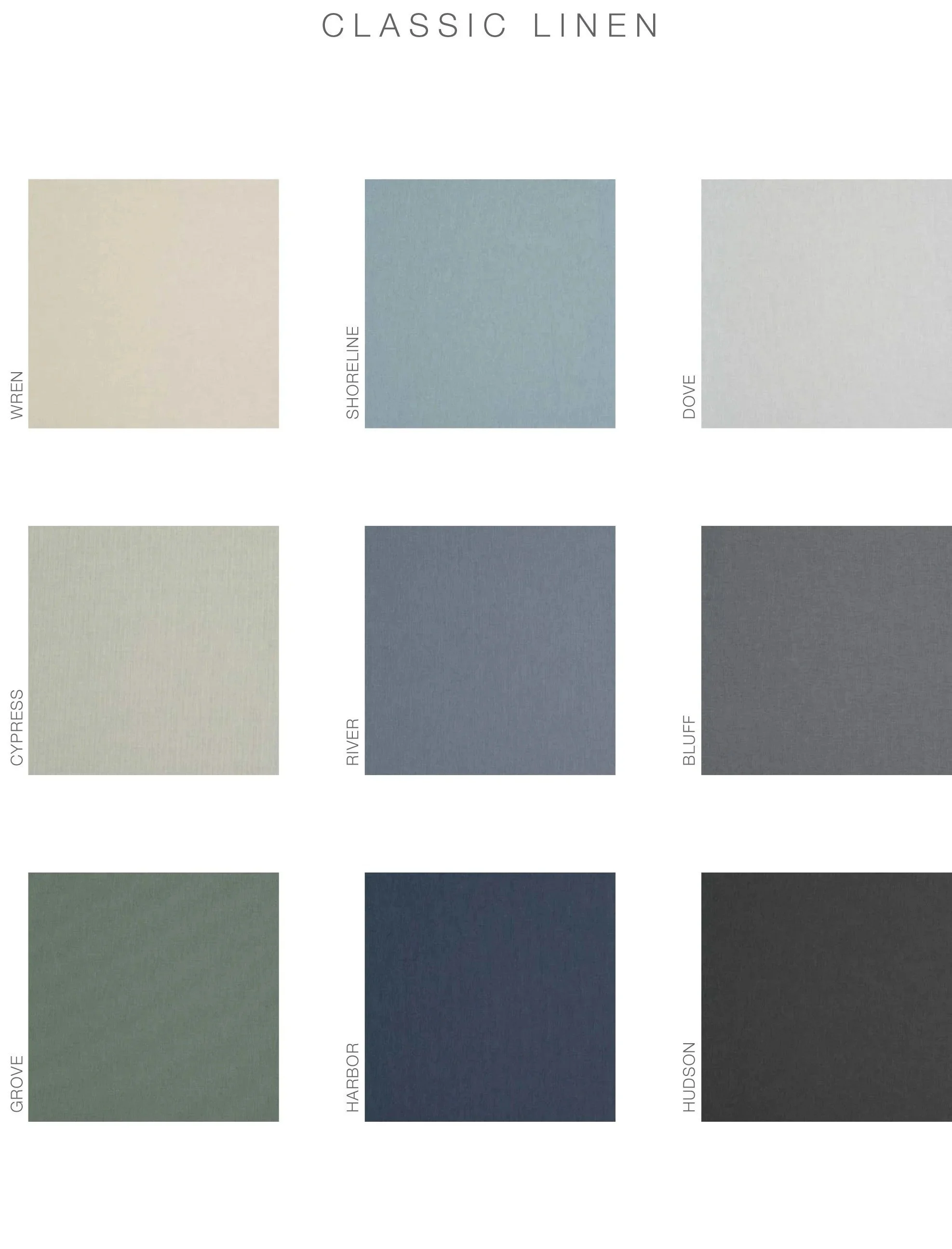 Color swatches labeled Classic Linen collection featuring shades: Wren, Shoreline, Dove, Cypress, River, Bluff, Grove, Harbor, Hudson, and On.