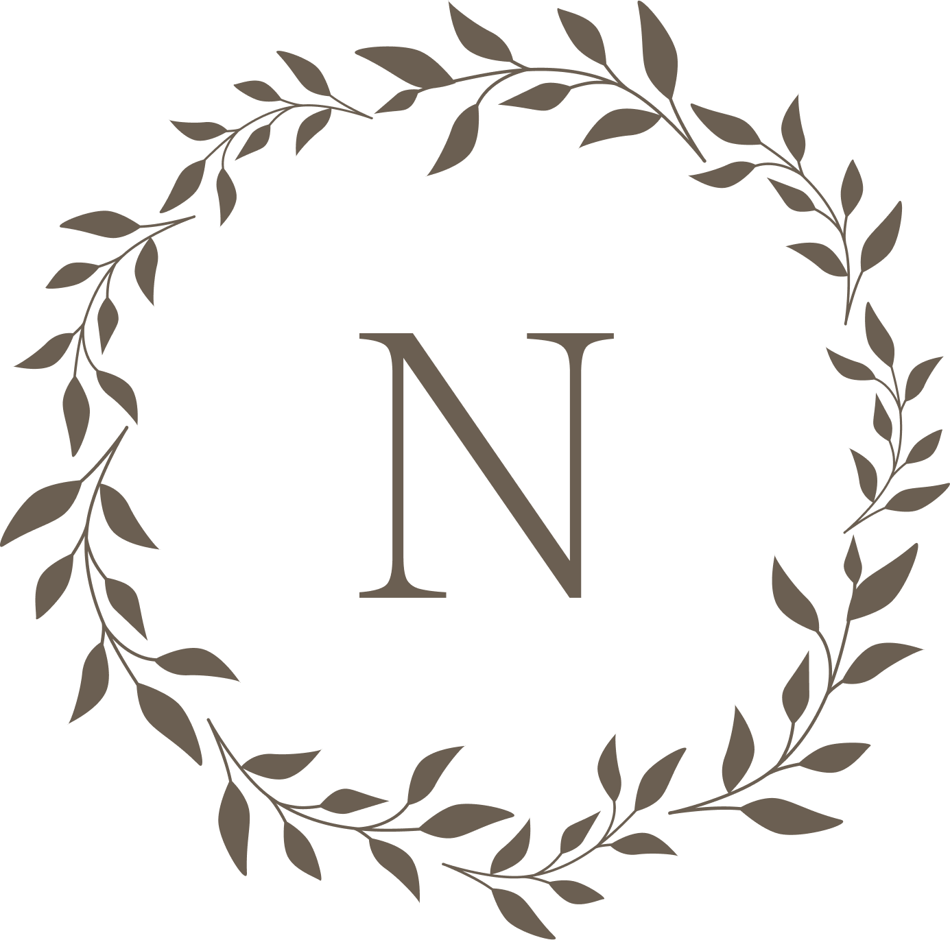 A black background with a brown wreath made of leaves, surrounding the letter N in the center.