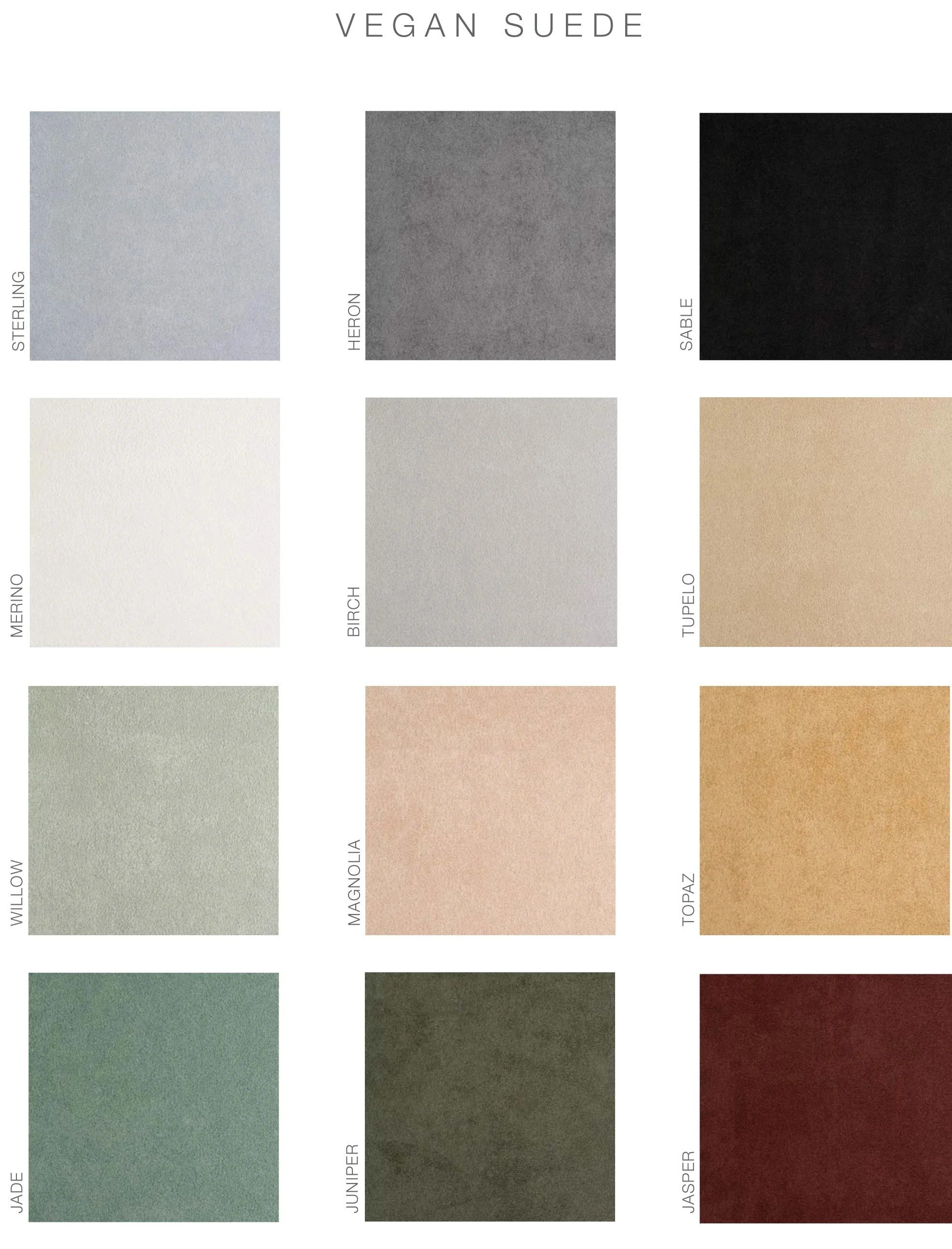 Color palette chart labeled 'Vegan Suede' with nine different colors: Sterling, Heron, Sable, Merino, Birch, Tupelo, Willlow, Magnolia, Topaz, Jade, Juniper, Jasper, and Casper.