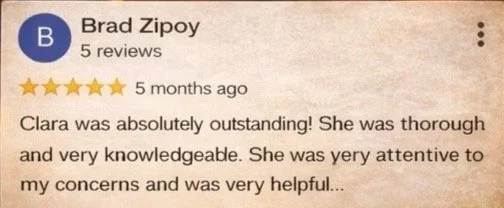 Screenshot of a review for Brad Zipov written by Clara, praising his thoroughness, knowledge, attentiveness, and helpfulness.
