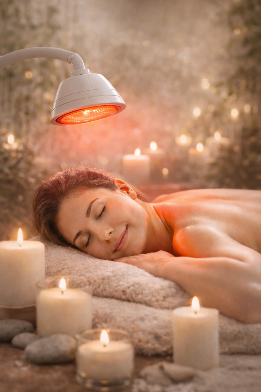 A woman receives a facial treatment under a red light in a serene spa setting with candles and rocks surrounding her.