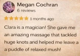 Screenshot of a customer review praising Megan Cochran for giving an excellent massage that helped with knots and promoted relaxation.