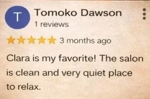 Screenshot of a review from Tomoko Dawson about Clara, praising the salon's cleanliness and quiet atmosphere.