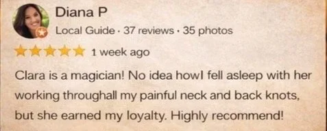Review from Diana P praising Clara as a magician for her help with neck and back knots, despite falling asleep during the session.