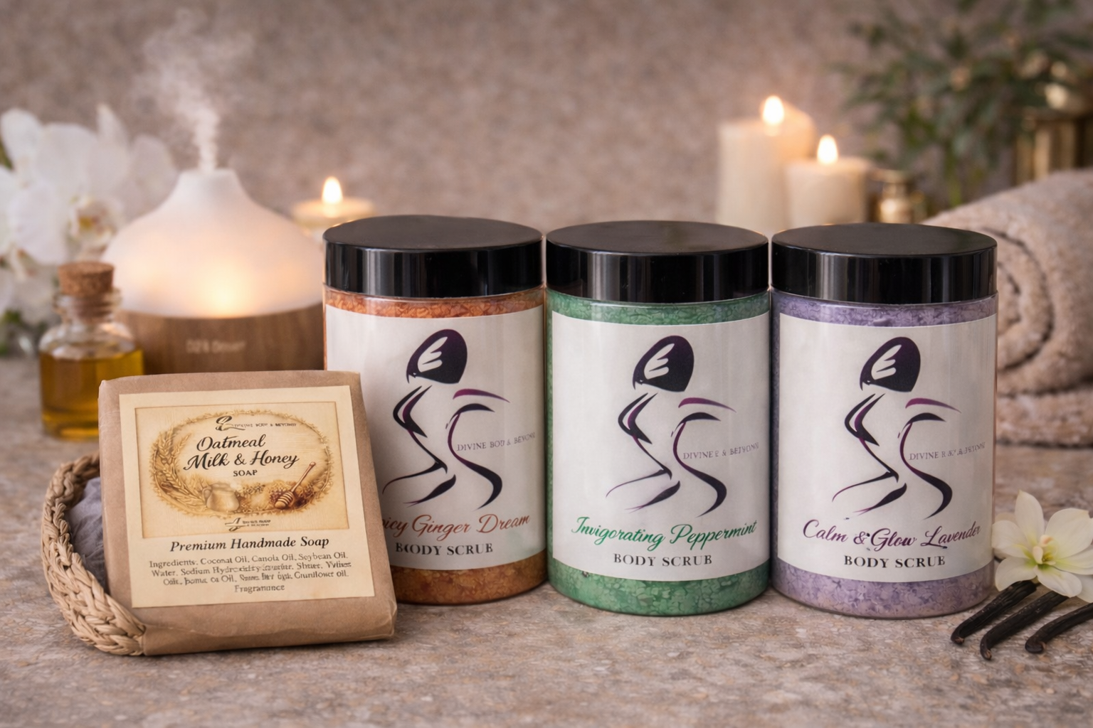 Set of three body scrub containers labeled 'Juicy Ginger Dream,' 'Invigorating Peppermint,' and 'Calm & Glow Lavender,' along with a handmade soap bar labeled 'Oatmeal Milk & Honey,' in a spa setting with candles, flowers, and towels.