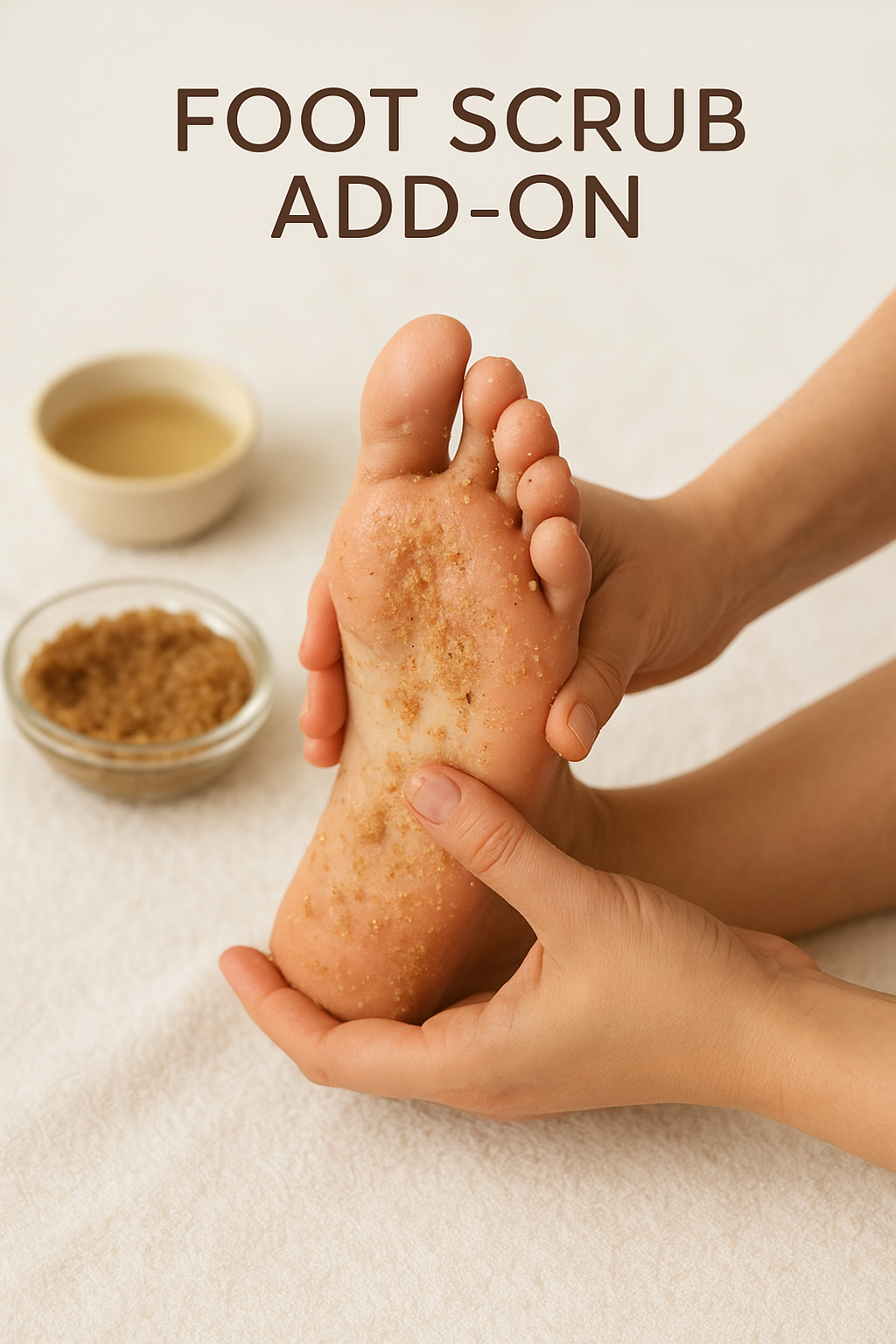 Person applying foot scrub to foot with bowls of scrub and liquid nearby