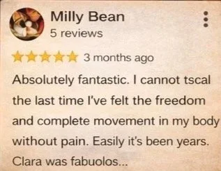 Screenshot of a positive review for Milly Bean, praising a product or service, mentioning freedom, full movement, and no pain, with five stars and three months ago.