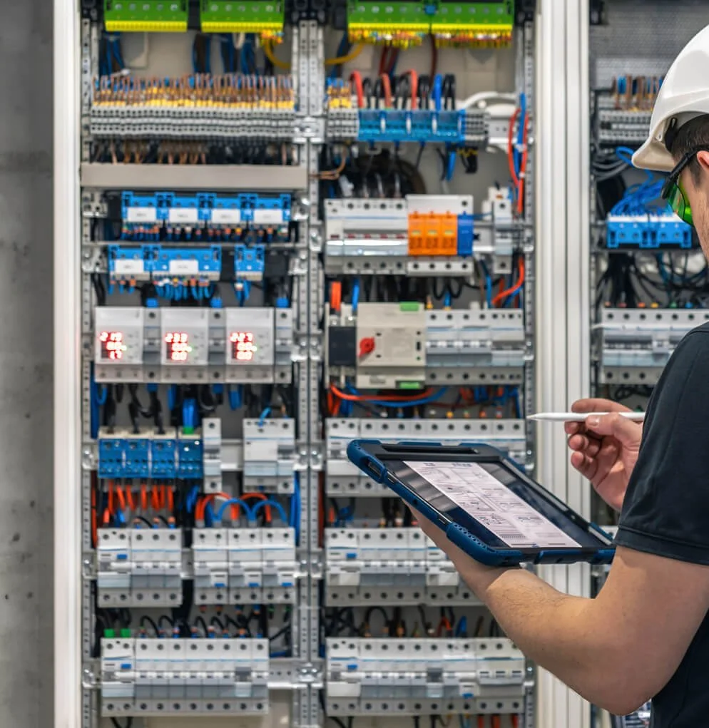 an electrical technician working in a switchboard with fuses