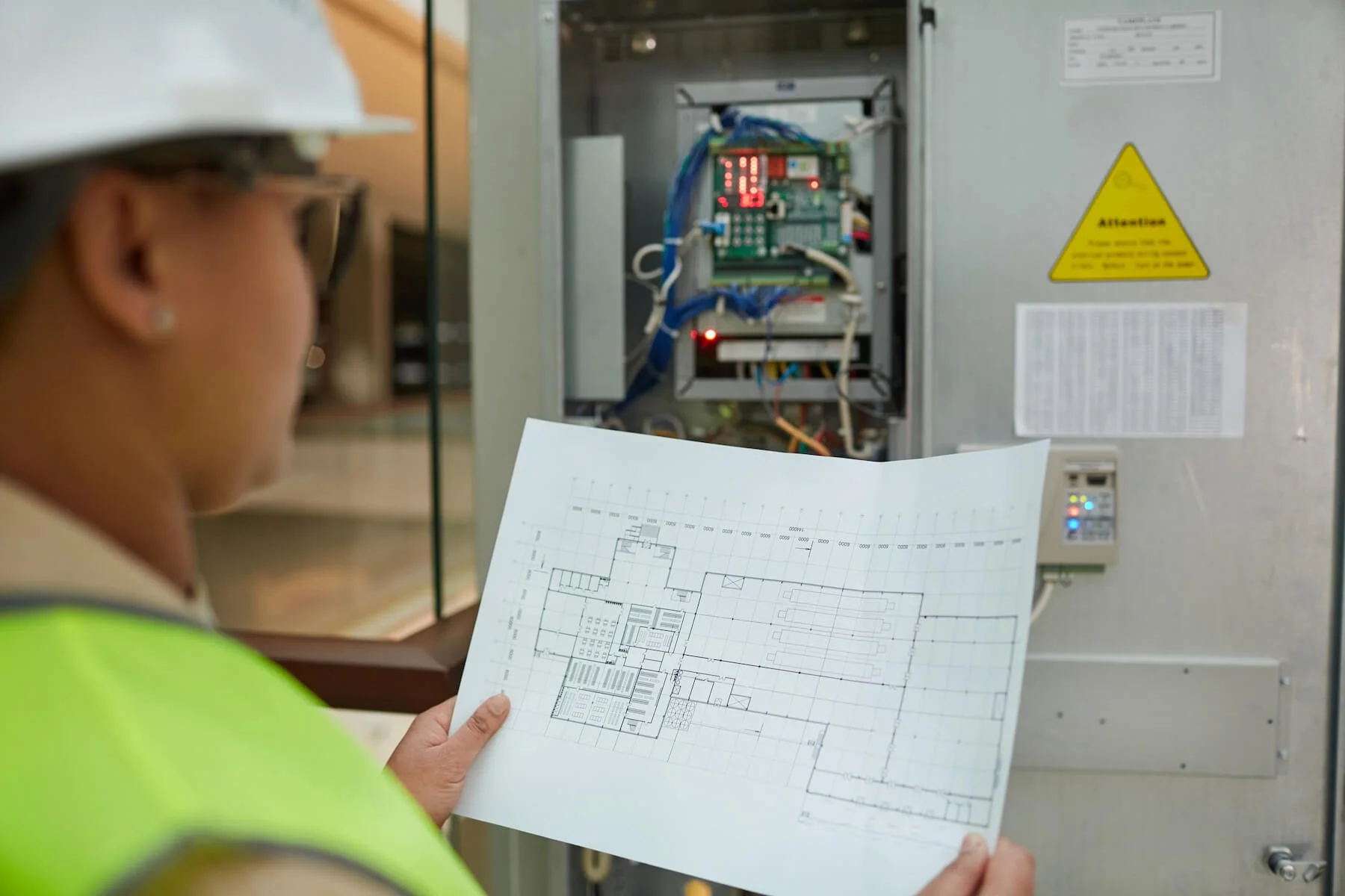 Female worker holding blueprints while inspecting electrical switchboard at construction site