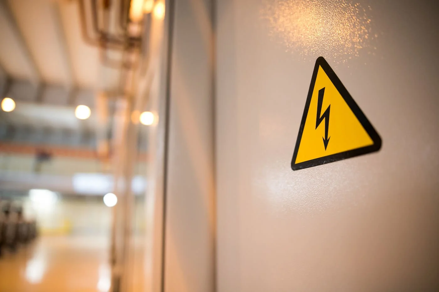 Sign of high voltage, screwed to a metal structure in gray.