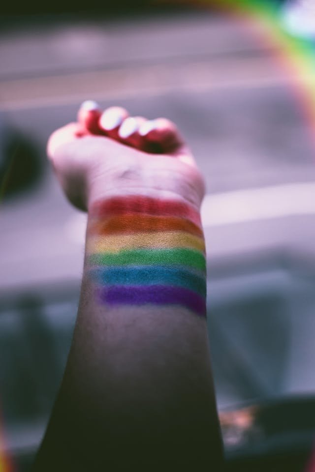 hand with rainbow painted on wrist
