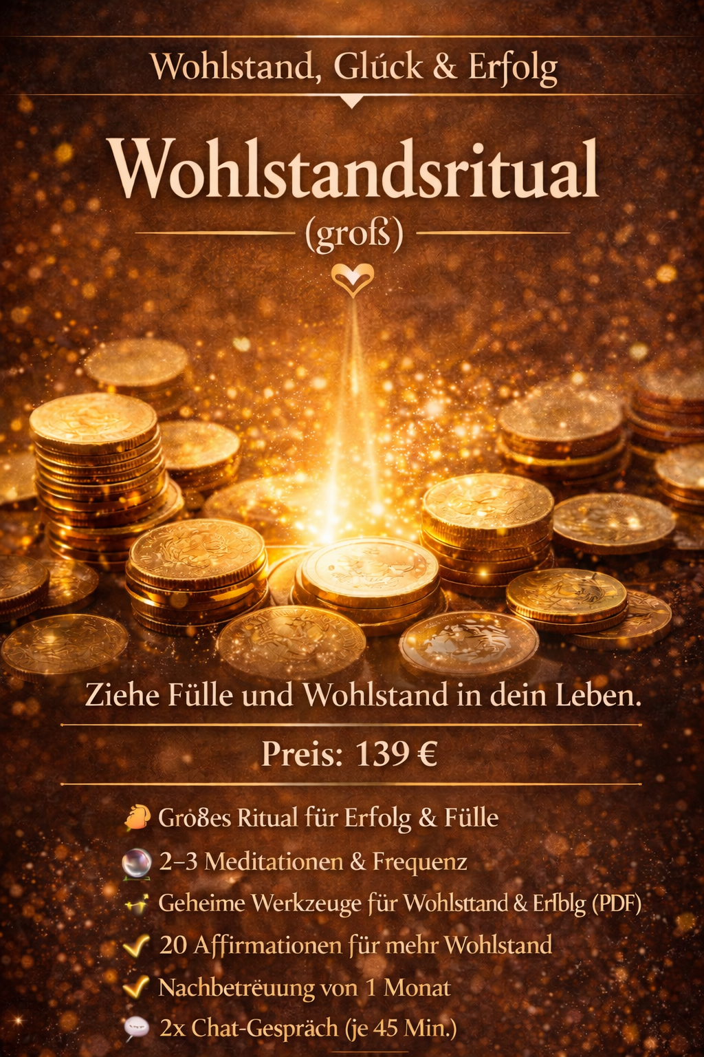 Eine Anzeige für ein Wohlstandsritual mit Goldmünzen, leuchtenden Effekten und Textinformationen über das Ritual, den Preis und die enthaltenen Leistungen.