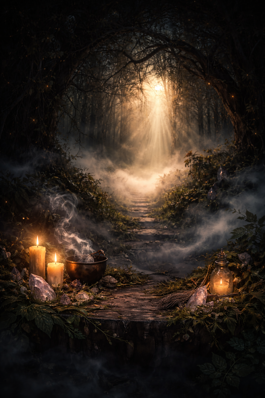 Ein magischer Waldweg mit Sonnenstrahlen, die durch Bäume schimmern, umrundet von Kerzen, Kristallen und Nebel.