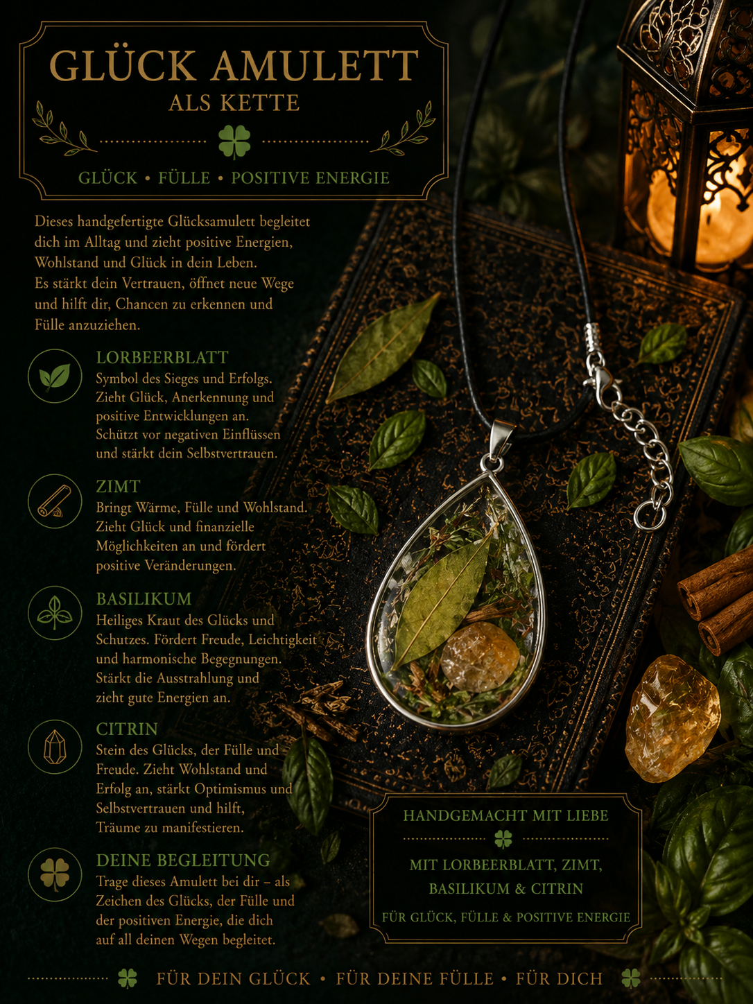 Glücksamulett mit Citrin, Lorbeer, Zimt & Basilikum – Handgemacht | Kette  | Arcana Spiritualität