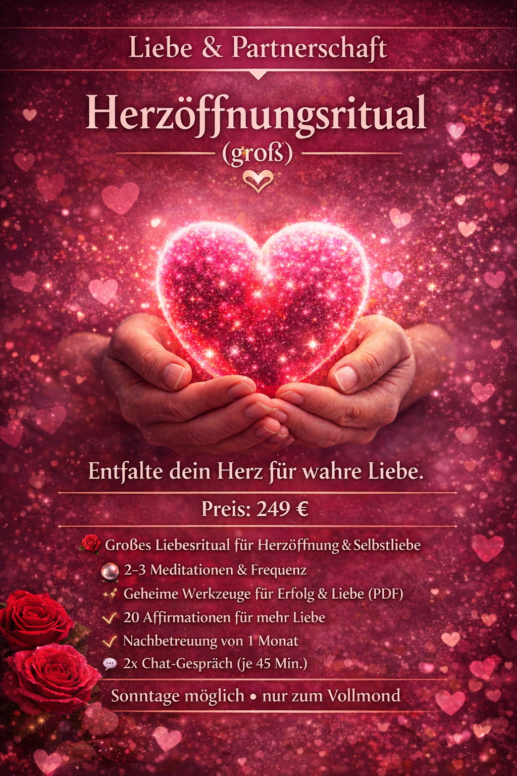Ein Plakat für ein Herzöffnungsritual mit wunderschönen pinken Herz- und Glitzereffekten, einer Hand, die ein leuchtendes Herz hält, und Rosen, mit Text in deutscher Sprache, der die Details des Rituals beschreibt.
