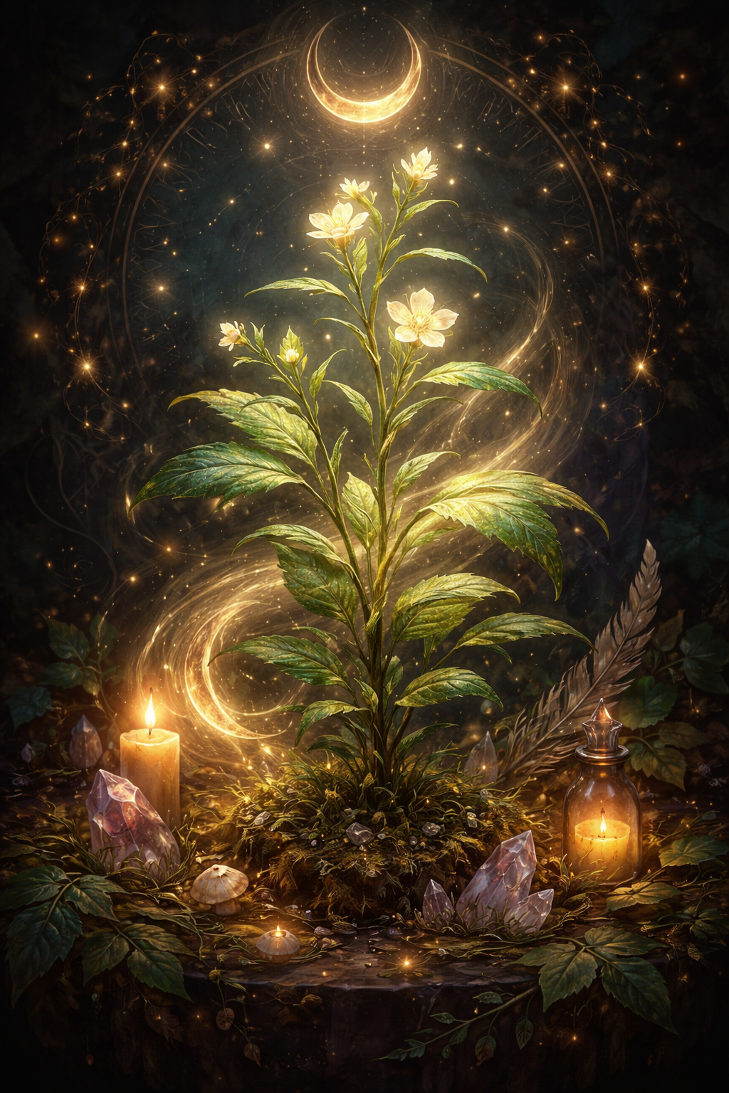 Ein leuchtendes Pflanzenbild mit Blumen, Kerzen, Kristallen, einem Mond und einer magischen Atmosphäre.
