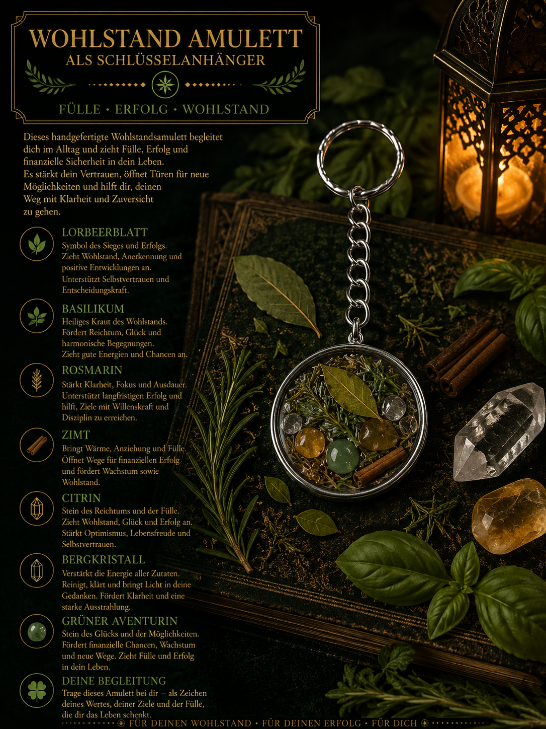 Wohlstandsamulett mit Citrin, Bergkristall, Grünem Aventurin & Wohlstandskräutern – Handgemacht |  Schlüsselanhänger | Arcana Spiritualität