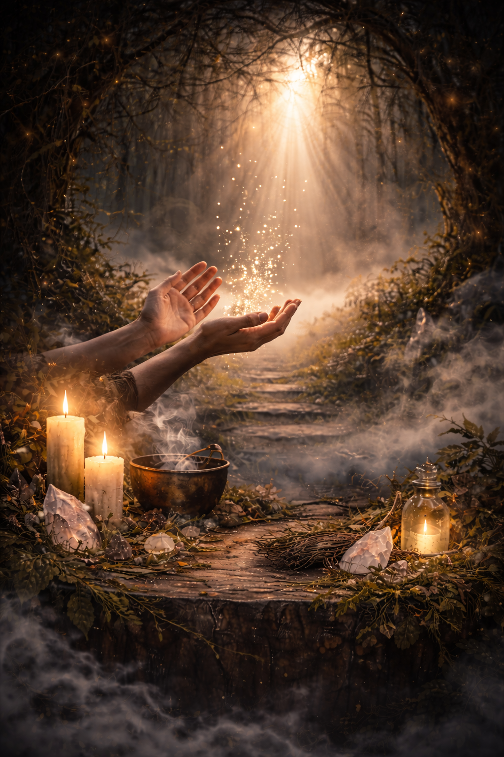 Ein magischer Wald mit einem Altar aus Baumstamm, auf dem Kerzen, Kristalle und eine Schale mit Rauch stehen. Hände heben leuchtende Funken in Richtung Sonnenlicht, das durch einen Baumkranz fällt. Mystische Atmosphäre.